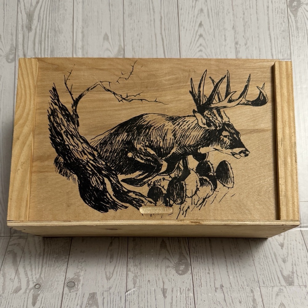 Decorative Hand‎ Drawn Signed Buck Deer Slide Top Wood Storage Box Trinket Ammo